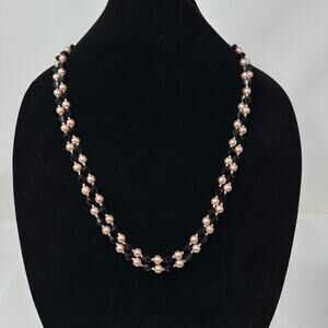 Vintage Long Strand Beaded Necklace Black Pink Beads